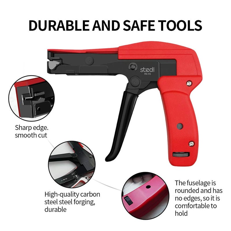 stedi Cable Tie Gun, Ergonomic Hand Operated Zip Tie Gun [Premium], Sharp and Wear Resistant, Cable Wire Fastening and Cut-Off Tie Tool, Special for Cut Plastic Nylon Ties, Red, 6.3 Inches Length - Image 3